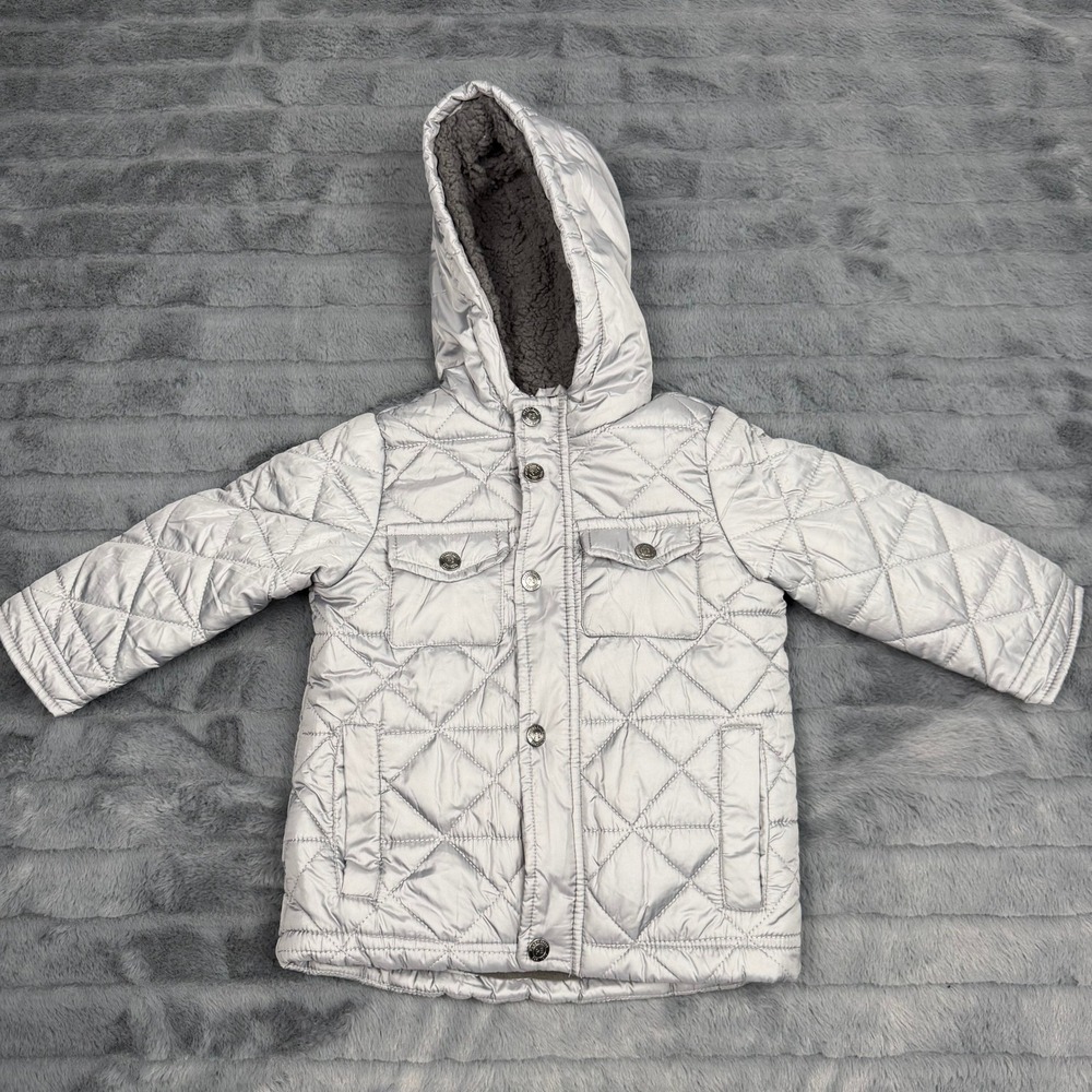 Perry Ellis Boy Silver Quilted Hooded Sherpa Lined Jacket 24M PB613185